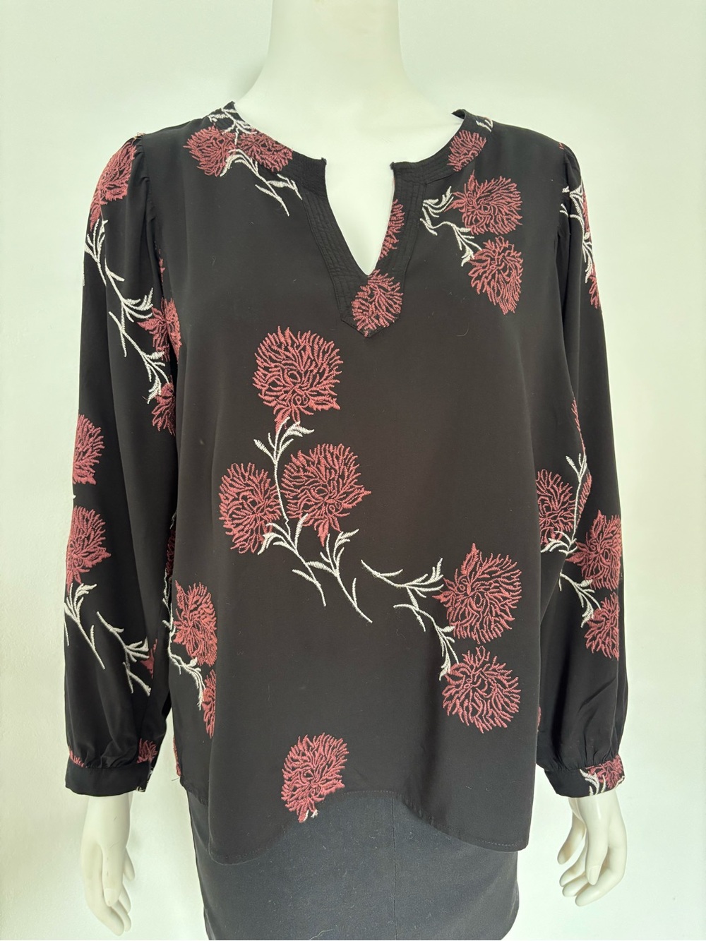 Black Long-Sleeve Floral Notch-Neck Top - Burgundy Embroidered Floral